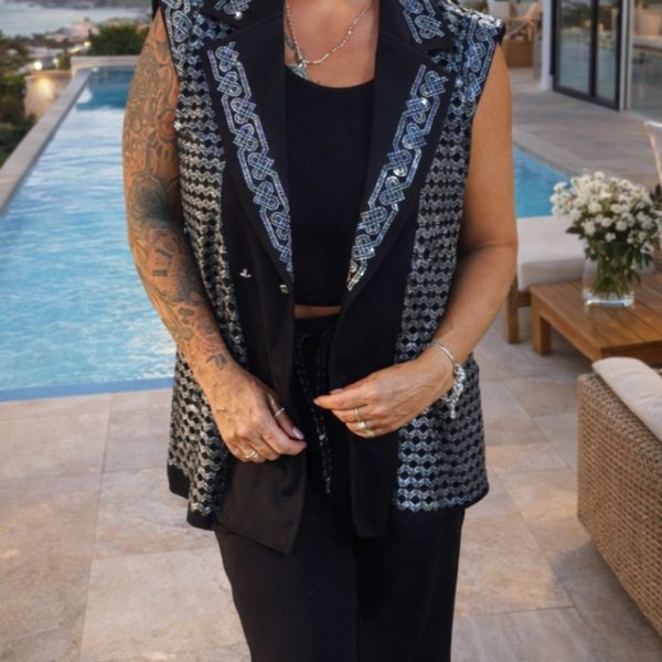 ✨ Black Luxury Laser-Cut Flared Vest 3 Set with Rhinestones & Flared Pants