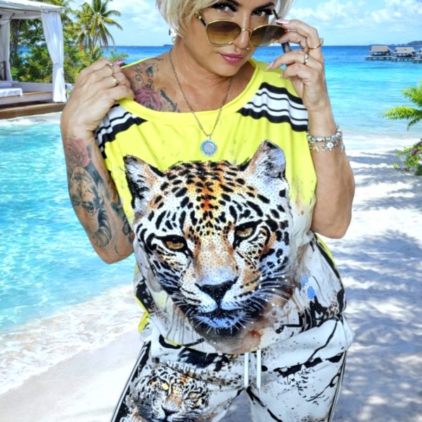 ✨ Yellow Leopard Rhinestone Stripes Letter Print Oversize 2 Set Tracksuit ✨