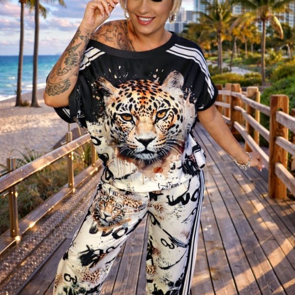 ✨ Black Leopard Rhinestone Stripes Letter Print Oversize 2 Set Tracksuit ✨