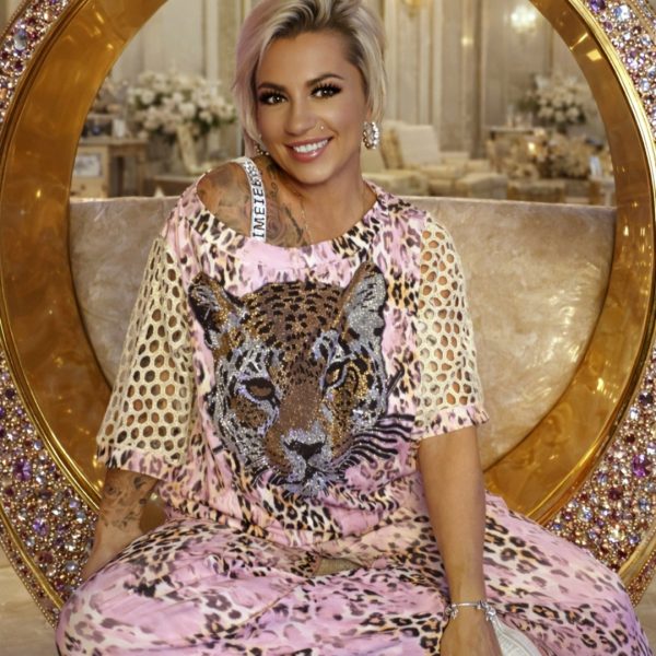 ✨ Pink Tiger Rhinestone Laser Cut Oversize 2 Set Tracksuit ✨