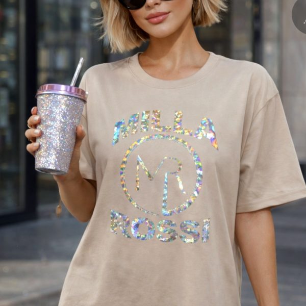 BEŻOWY T-SHIRT OVERSIZE Z HOLOGRAFICZNYM LOGO MILLA ROSSI ✨