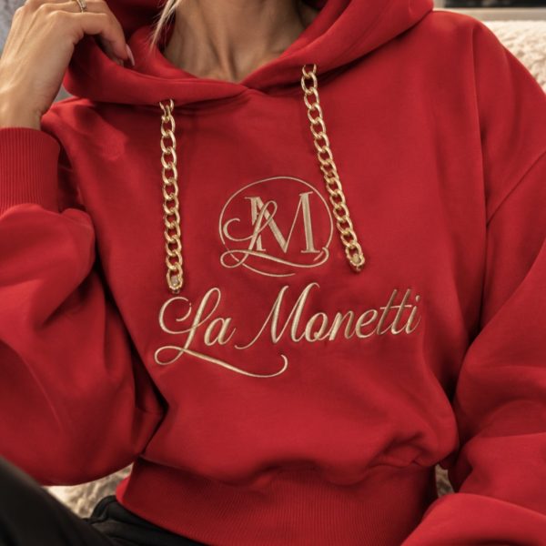 LA MONETTI RED OVERSIZE HOODIE – GOLD EMBROIDERY