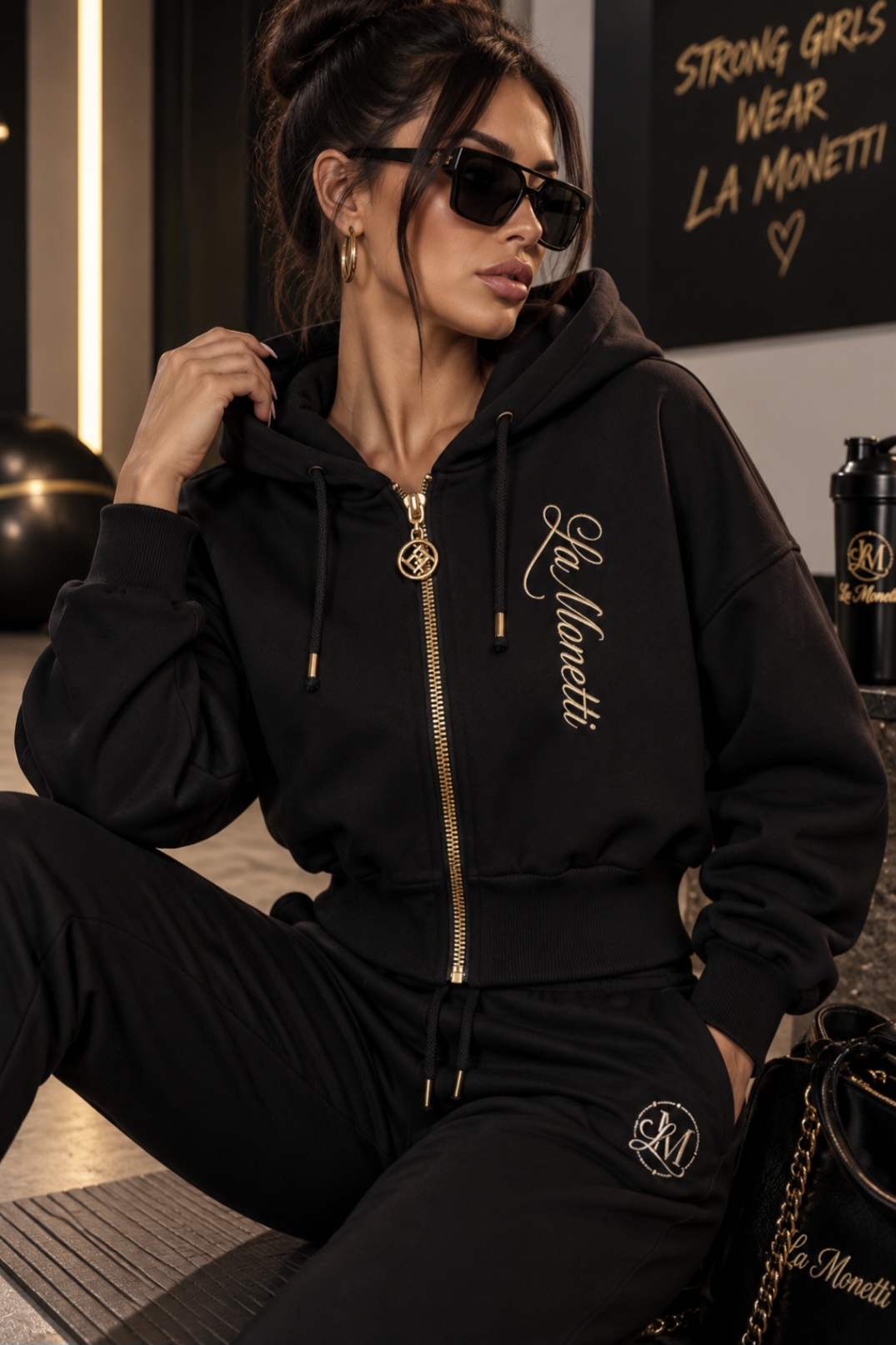 LA MONETTI BLACK OVERSIZE ZIP-UP HOODIE – GOLD EMBROIDERY - Image 2