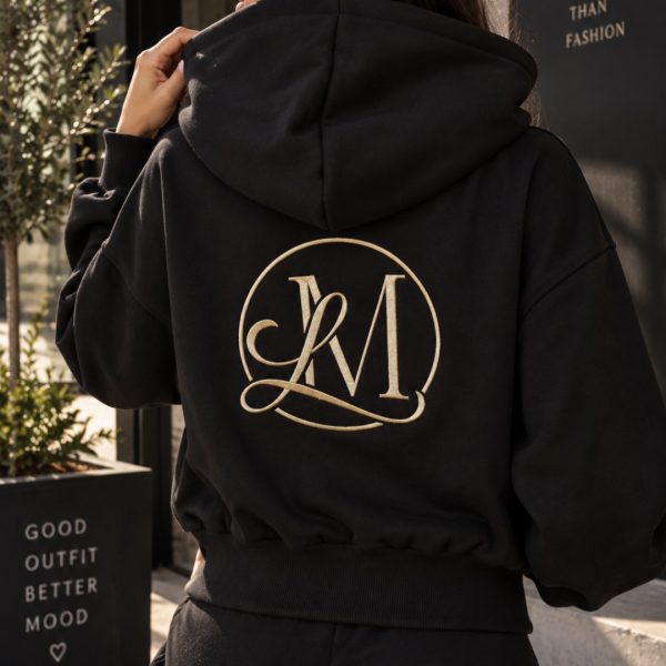 LA MONETTI BLACK OVERSIZE ZIP-UP HOODIE – GOLD EMBROIDERY