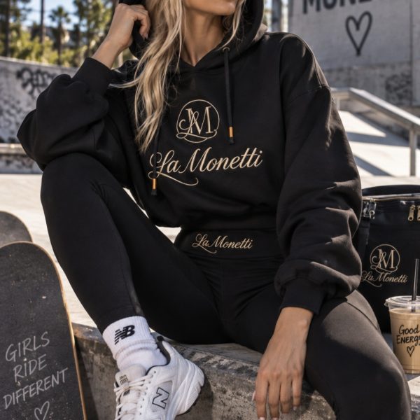 LA MONETTI BLACK OVERSIZE HOODIE – GOLD EMBROIDERY