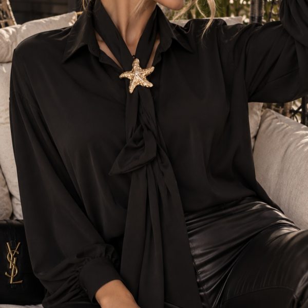 Flowing Black Shirt with Tie & Starfish Brooch