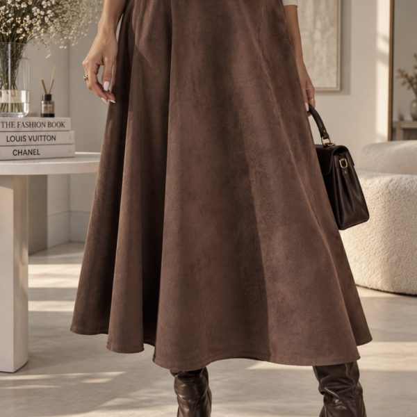 Chocolate Brown Suede-Effect Midi Skirt with Belt