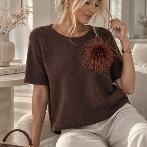 Chocolate Brown Knit Sweater with Detachable Brooch & Hair Clip