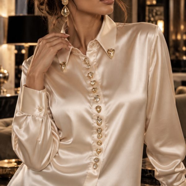 Pearl Beige Silk Shirt with Golden Crystal Buttons