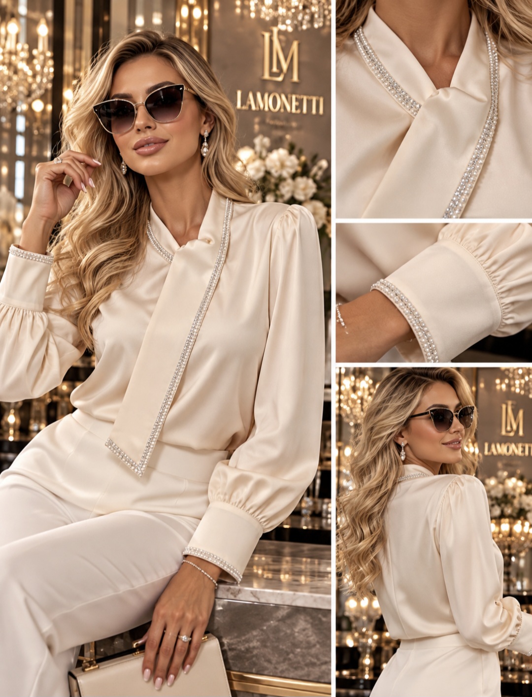LUXURIOUS SILK BLOUSE WITH CRYSTAL & PEARL TRIM – LA MONETTI - Image 2