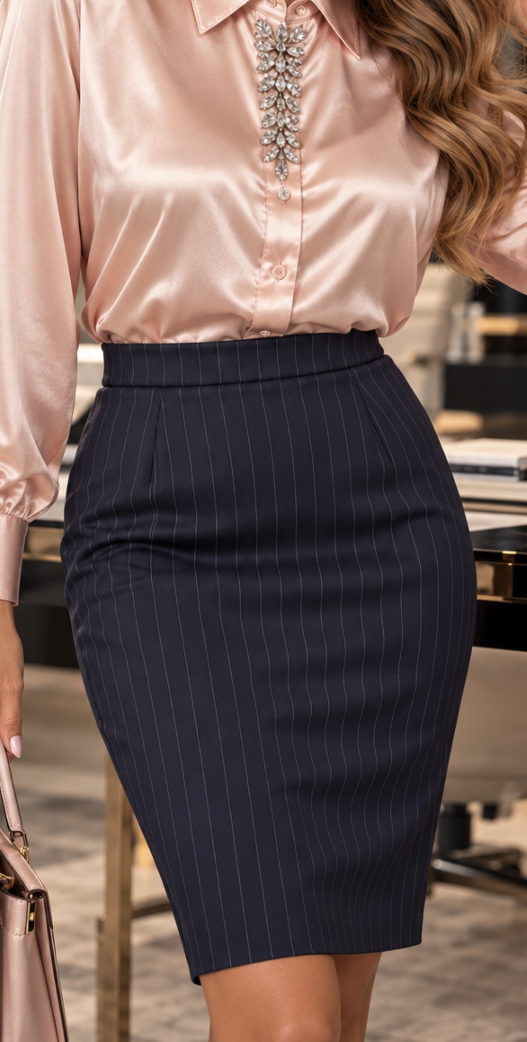 NAVY PINSTRIPE OFFICE SKIRT – LA MONETTI - Image 3