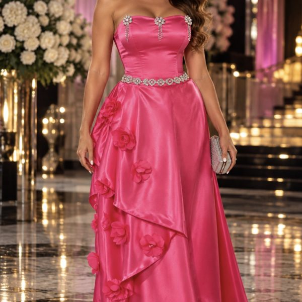 LUXURY FUCHSIA PINK TAFFETA BALL GOWN WITH CRYSTALS & 3D FLOWERS – LA MONETTI