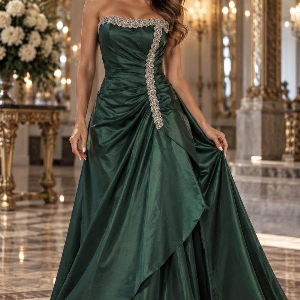 LUXURY EMERALD GREEN TAFFETA BALL GOWN WITH CRYSTAL EMBELLISHMENTS – LA MONETTI