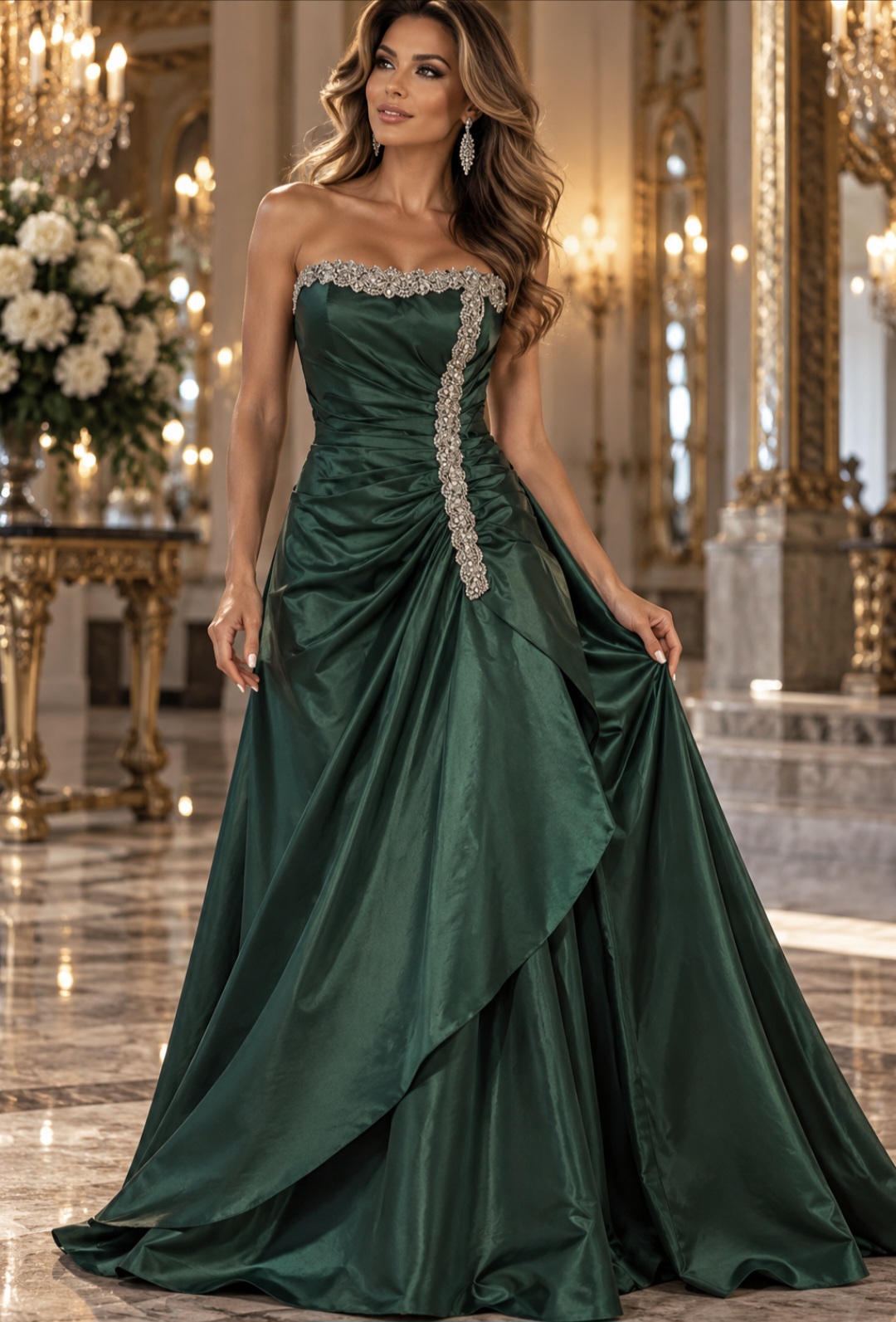 LUXURY EMERALD GREEN TAFFETA BALL GOWN WITH CRYSTAL EMBELLISHMENTS – LA MONETTI